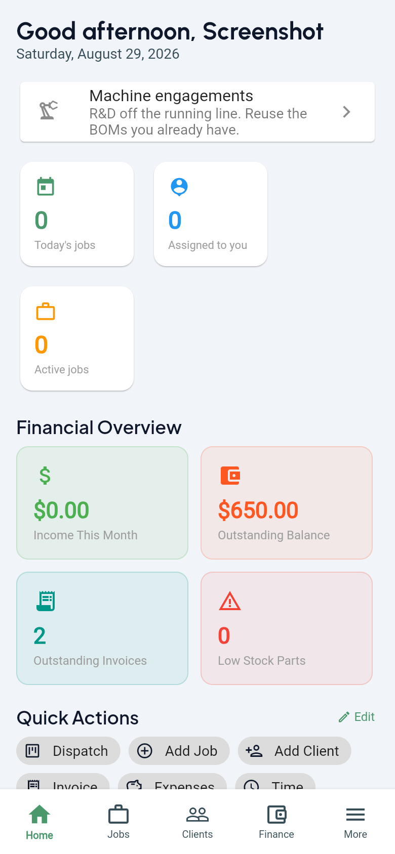 Corvin home dashboard with today’s jobs and financial overview