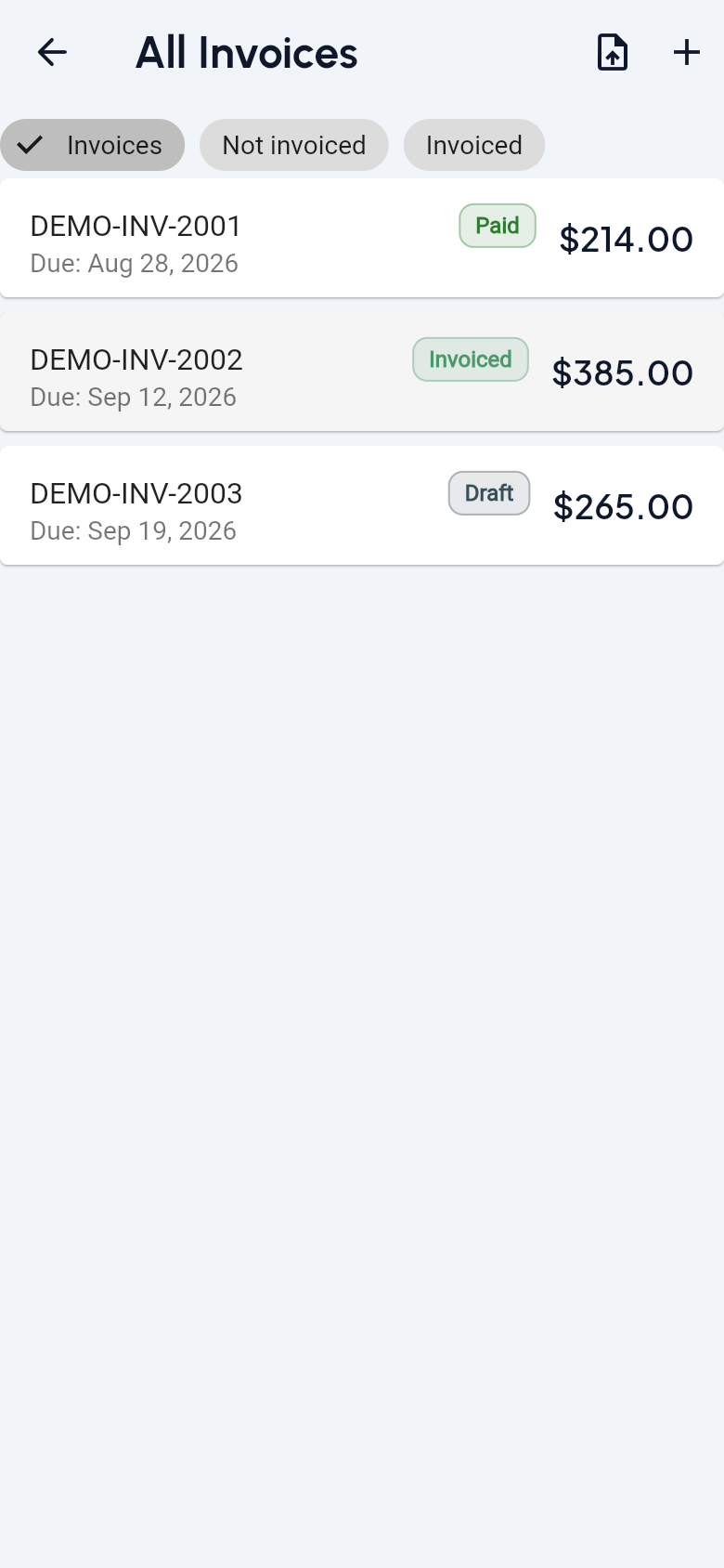 Corvin All Invoices list showing paid, invoiced, and draft demo invoices