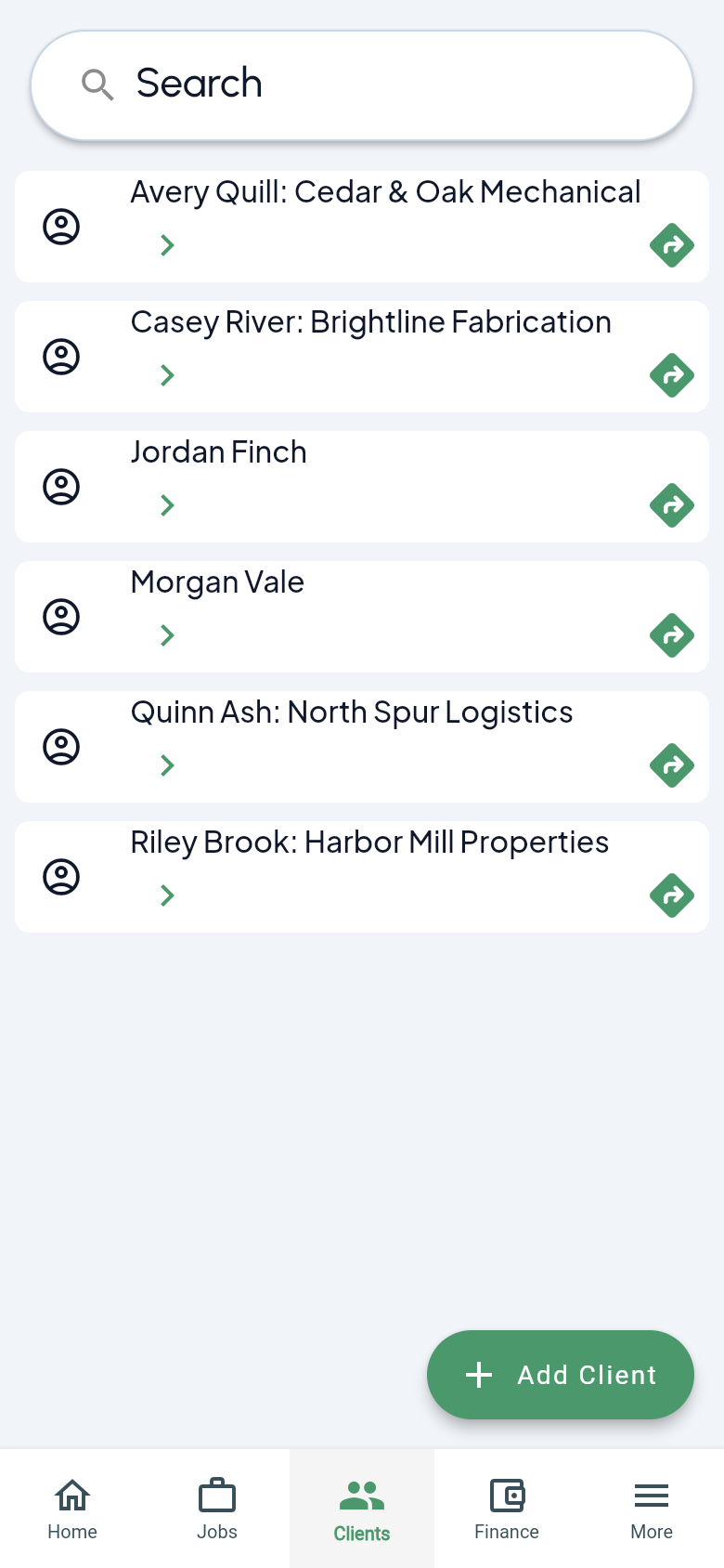 Corvin client list with demo shops Avery Quill and Brightline Fabrication