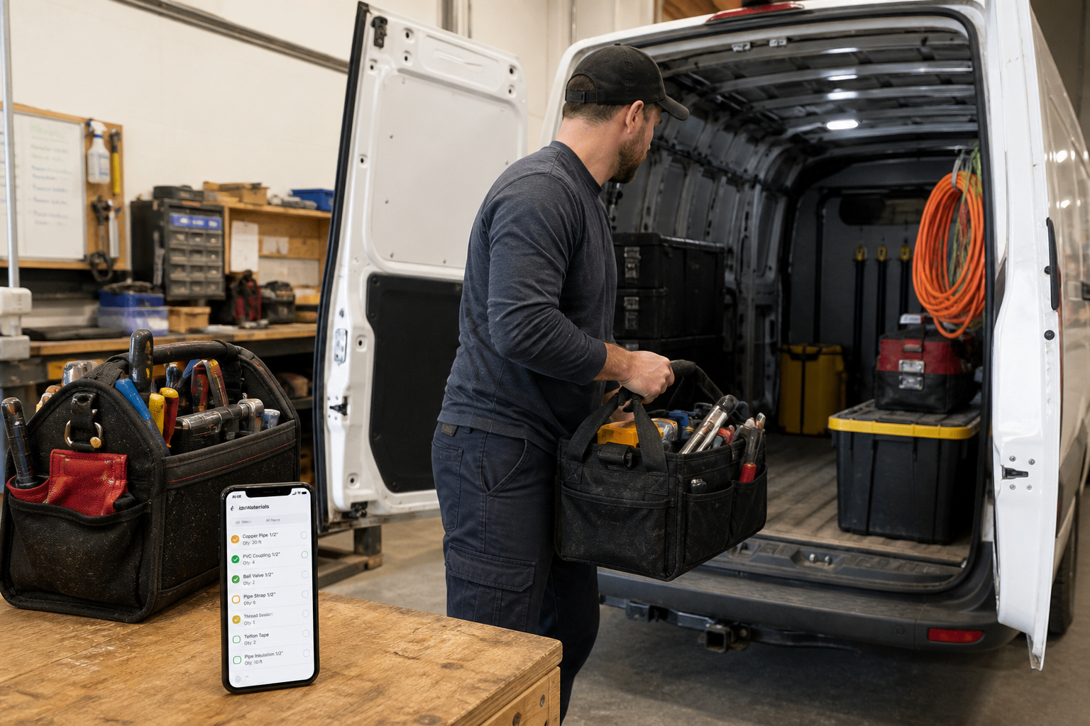 Technician loading supply totes into a cargo van with a job checklist nearby