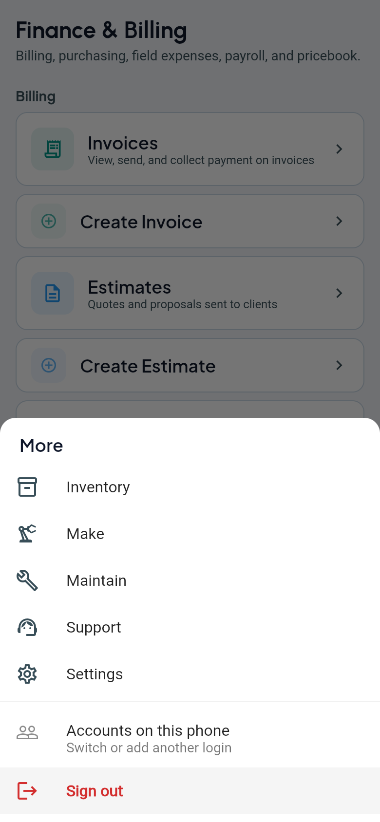 Corvin More menu showing Inventory, Make, and Maintain