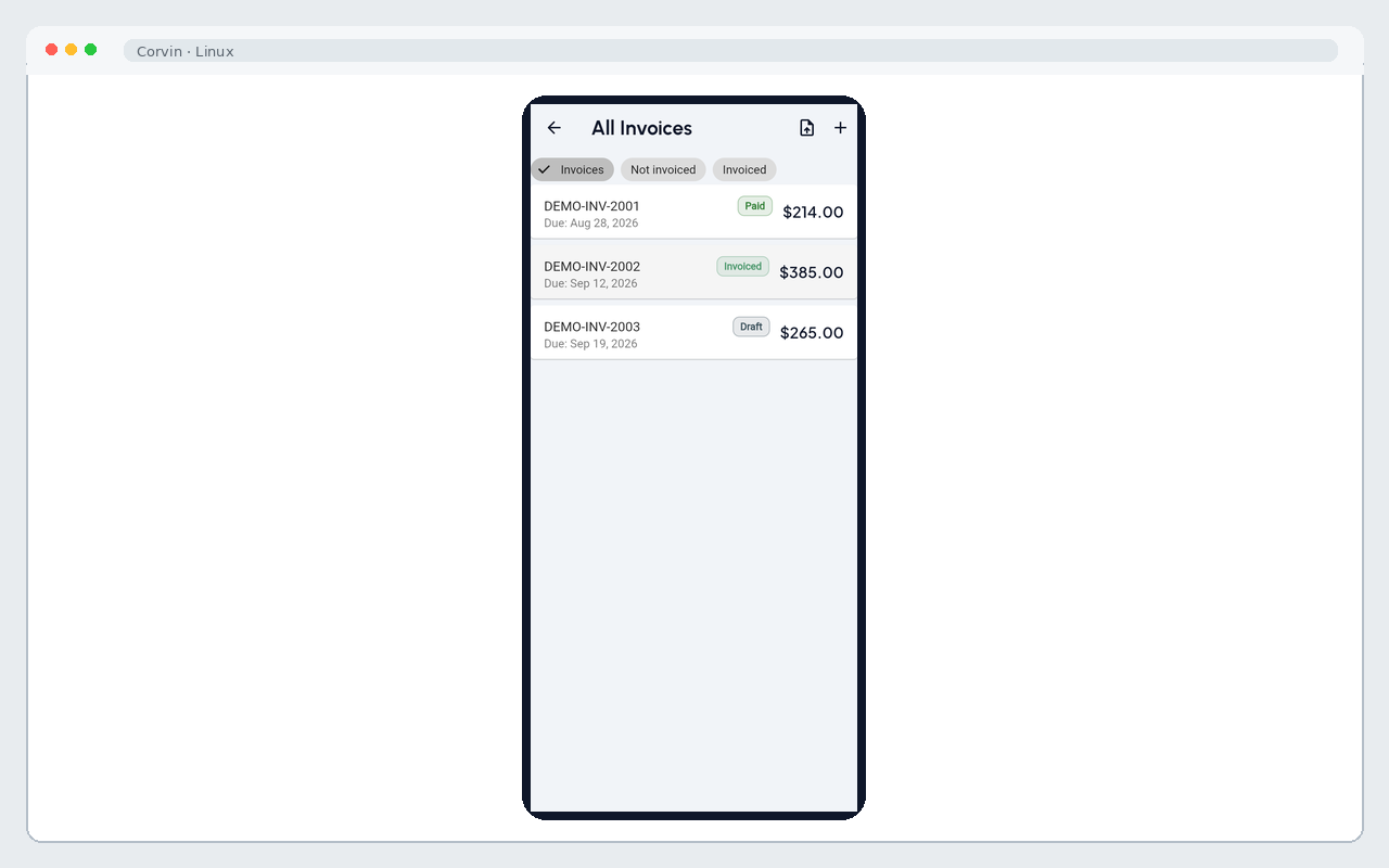 Corvin invoices running on Linux
